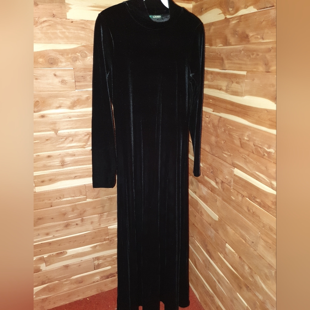 Vintage 80s Ralph Lauren Black Velvet Maxi Dress with Long Sleeves